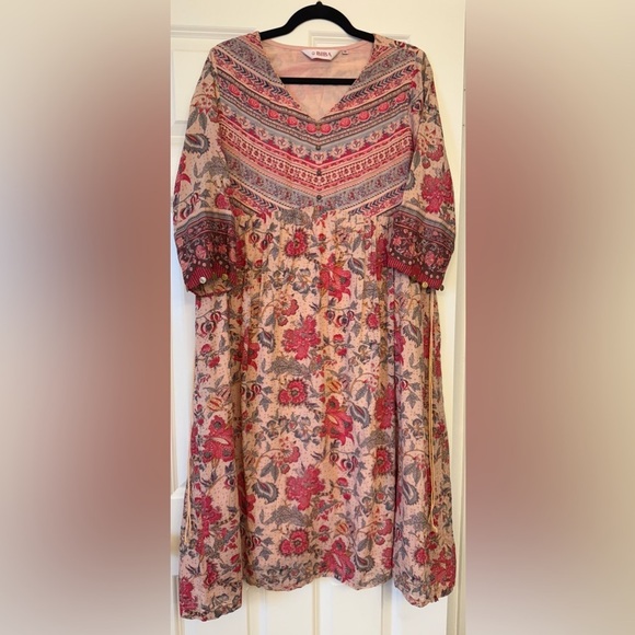 BIBA Women Beige Floral Printed A-line Cotton Kurta Top Tunic Size 38 - Picture 2 of 12